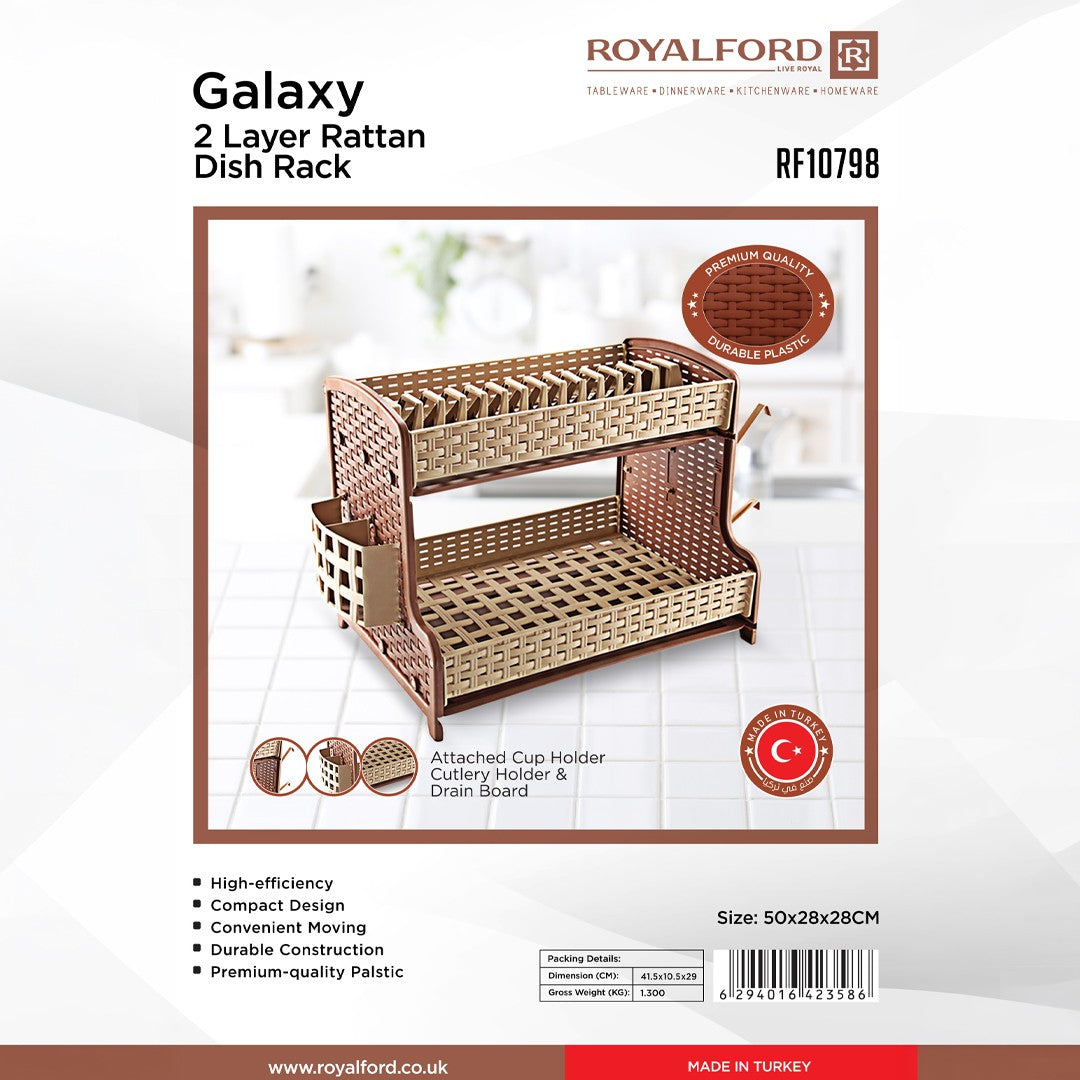 Royalford RF10798 2 Layer Rattan Dish Rack | Premium Durable Plastic Dish Drying Stand with Cup Holder| Cutlery Holder| Drain Board | Compact Design | High Efficiency