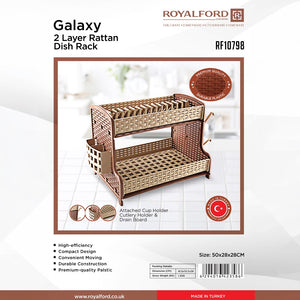 Royalford RF10798 2 Layer Rattan Dish Rack | Premium Durable Plastic Dish Drying Stand with Cup Holder| Cutlery Holder| Drain Board | Compact Design | High Efficiency