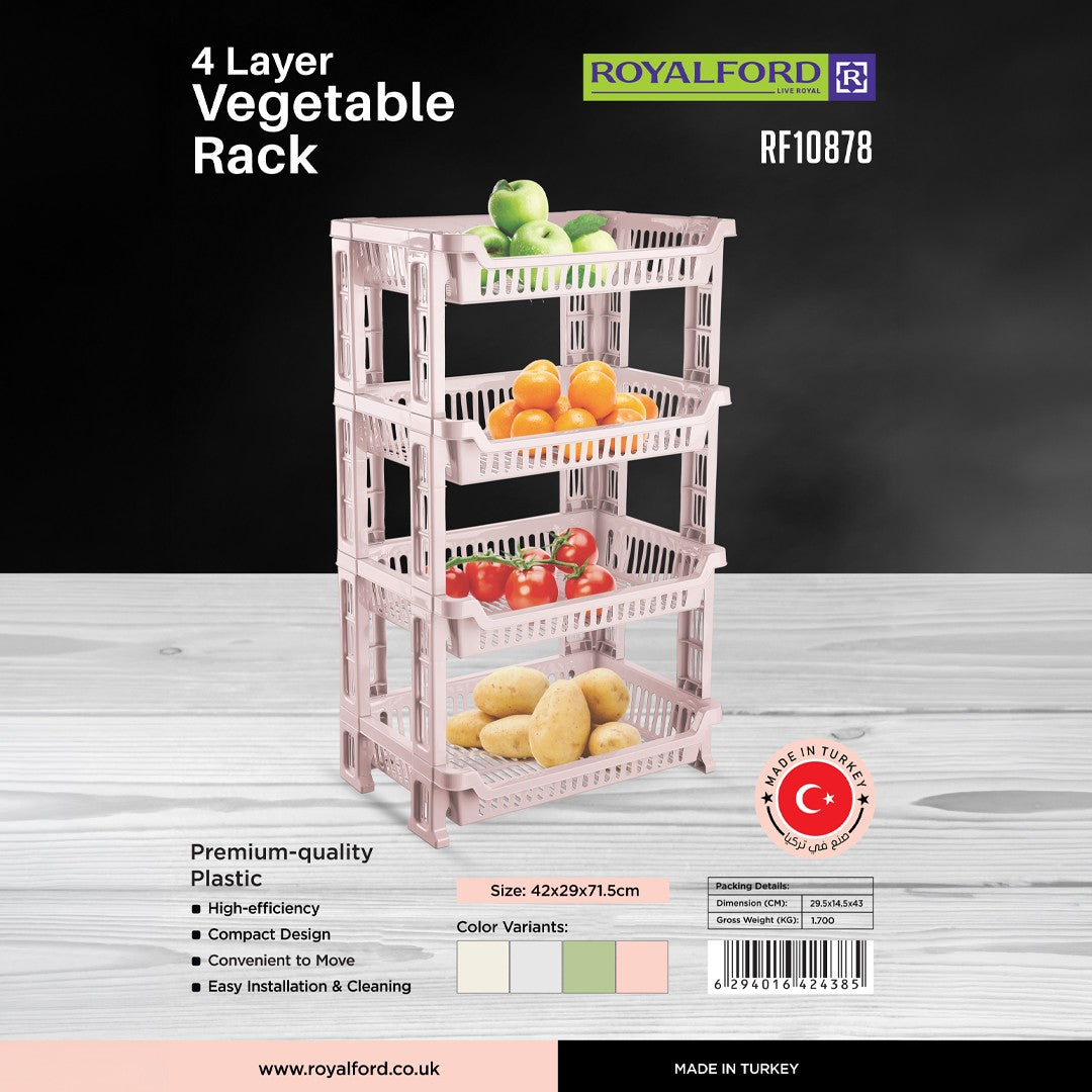 Royalford RF10878 4-Layer Vegetable Rack | Premium Plastic Fruit & Veg Storage Stand | Compact Vertical Design | Easy Portability |  Durable & Compact Kitchen Organizer