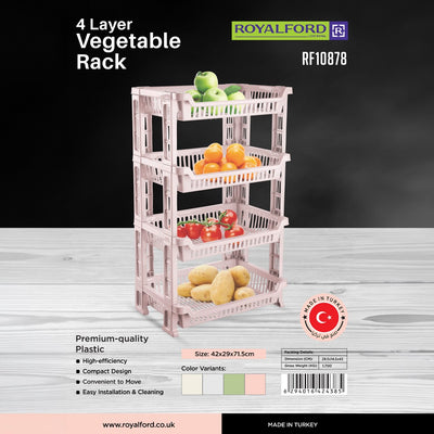 Royalford RF10878 4-Layer Vegetable Rack | Premium Plastic Fruit & Veg Storage Stand | Compact Vertical Design | Easy Portability |  Durable & Compact Kitchen Organizer