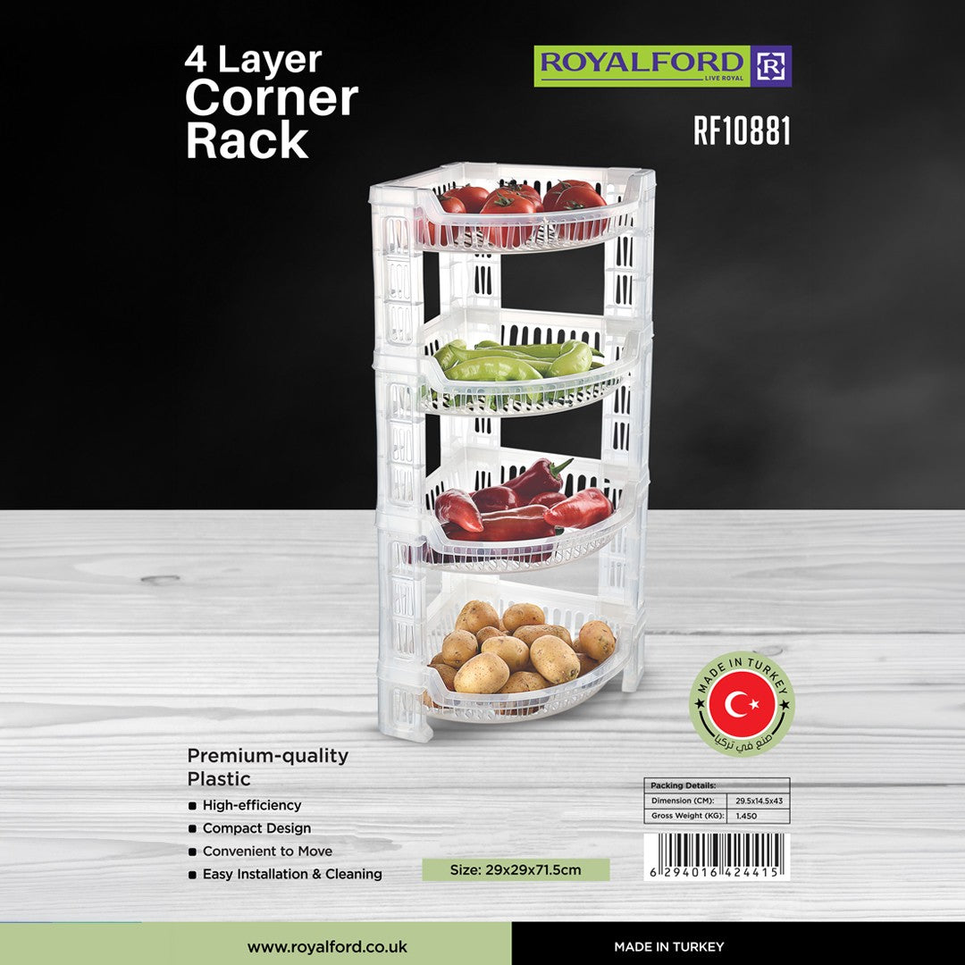 Royalford RF10881 4-Layer Corner Rack | Premium Plastic Storage Rack| Compact Space-Saving Design | Easy to Install & Clean | Lightweight & Multi-Purpose Organizer