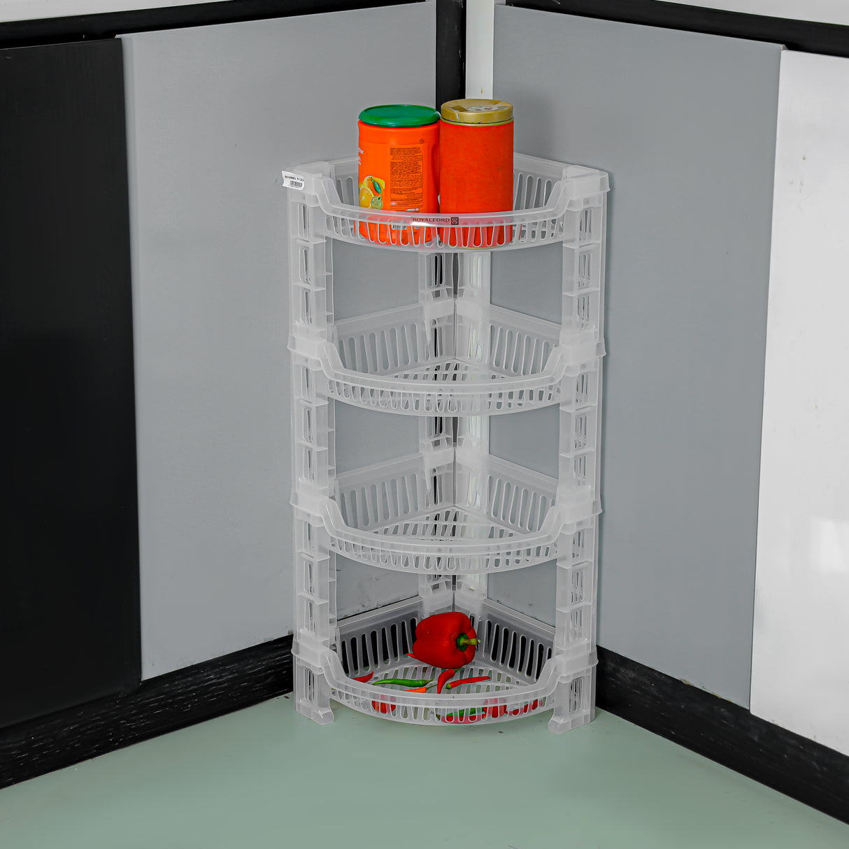 Royalford RF10881 4-Layer Corner Rack | Premium Plastic Storage Rack| Compact Space-Saving Design | Easy to Install & Clean | Lightweight & Multi-Purpose Organizer