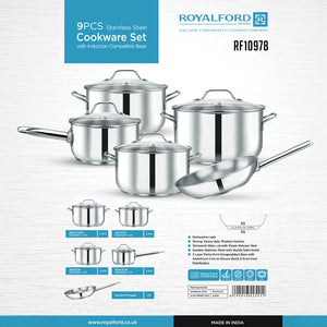 Royalford RF10978 9PCS Stainless Steel Cookware Set | Induction Compatible | 3 Layer Extra Thick Base | Tempered Glass Lids | Heavy Duty Handles for Modern Kitchen Use