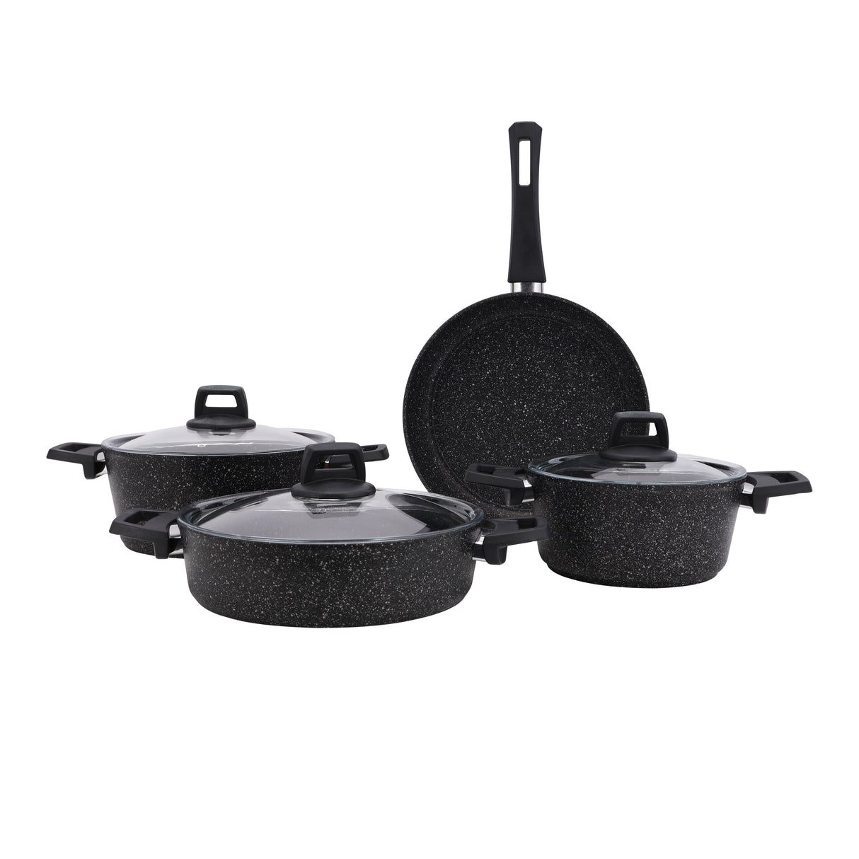 Royalford RF10980 Gabbro Granite Coated Cookware Set | 7 Pieces Non-Stick Aluminium Pots and Pans | Tempered Glass Lids | Even Heat Distribution | PTFE & PFOA Free