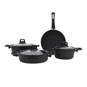 Royalford RF10980 Gabbro Granite Coated Cookware Set | 7 Pieces Non-Stick Aluminium Pots and Pans | Tempered Glass Lids | Even Heat Distribution | PTFE & PFOA Free
