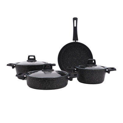 Royalford RF10980 Gabbro Granite Coated Cookware Set | 7 Pieces Non-Stick Aluminium Pots and Pans | Tempered Glass Lids | Even Heat Distribution | PTFE & PFOA Free