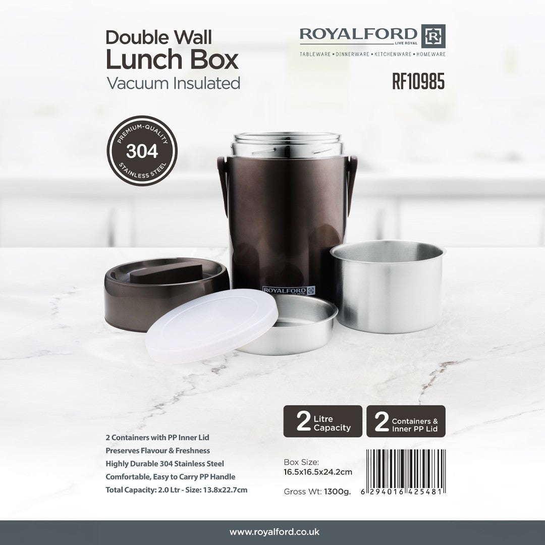 Royalford RF10985 Double Wall Vacuum Insulated Lunch Box 2.0L | 304 Stainless Steel Containers |PP Inner Lids | Easy Carry Handle for Office, School & Travel Use