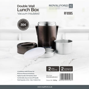 Royalford RF10985 Double Wall Vacuum Insulated Lunch Box 2.0L | 304 Stainless Steel Containers |PP Inner Lids | Easy Carry Handle for Office, School & Travel Use