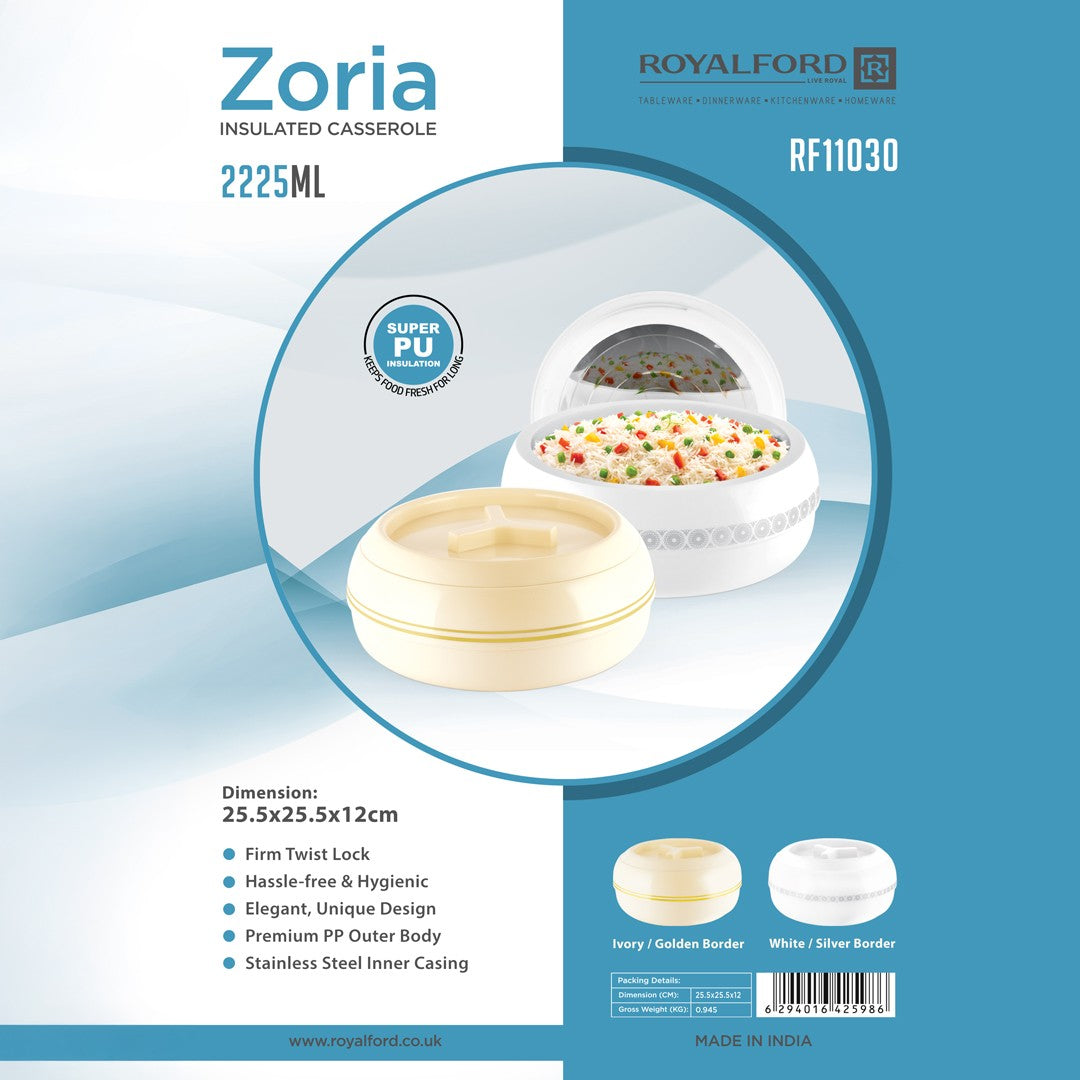 Royalford RF11030 Zoria 2225ml Insulated Casserole | Stainless Steel Inner | Premium PP Outer Body | Firm Twist-Lock Lid | Elegant, Unique Design | Easy to Clean