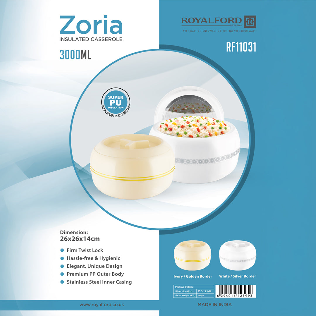 Royalford RF11031 Zoria Insulated Casserole 3000ml | Stainless Steel Inner | Super PU Insulation  |  Premium Stainless Steel Inner Casing |  Firm Twist-Lock Lid