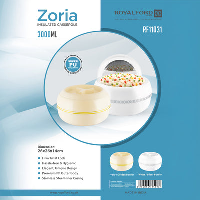 Royalford RF11031 Zoria Insulated Casserole 3000ml | Stainless Steel Inner | Super PU Insulation  |  Premium Stainless Steel Inner Casing |  Firm Twist-Lock Lid