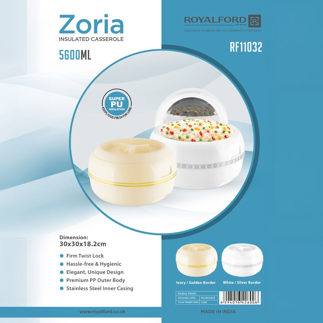 Royalford RF11032 Zoria 5600ML Insulated Casserole | Super PU Insulation| Twist Lock| Premium PP Body & Stainless Steel Inner Casing | Keeps Food Hot & Fresh Longer
