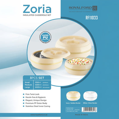 Royalford RF11033 Zoria Insulated Casserole Set 3Pcs | Stainless Steel Hot Pot | Twist-Lock Lid  | Super PU Insulation  |Premium Stainless Steel Inner | Food-Grade