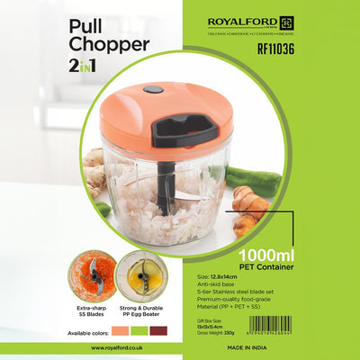 Royalford RF11036 Pull Chopper 2 in 1 1000ml | BPA Free | Stainless Steel Blades & Whisk Attachment | Vegetable Cutter, Onion Chopper, Mixer & Kitchen Tool |Easy to clean