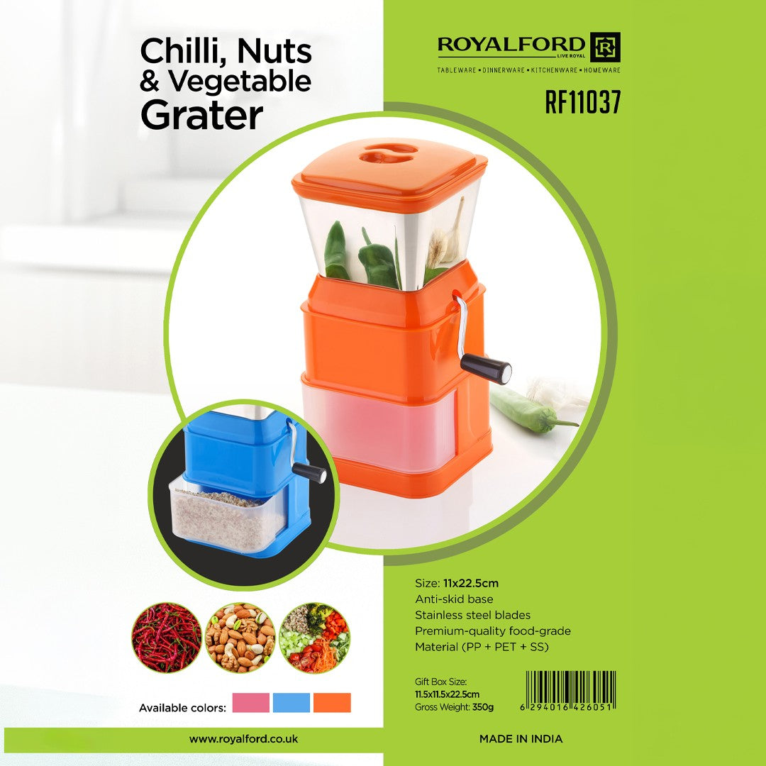 Royalford RF11037 Veg Chilli Nut Grater | Manual Hand Crank Vegetable Grinder |  Storage Container | Food Grade Kitchen Grater for Nuts, Vegetables, Chillies & Spices