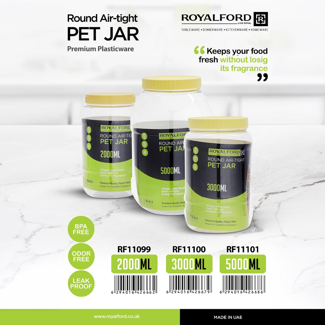 Royalford RF11101 5000ml Air-Tight PET Jar| Food Storage Container & BPA-Free Leak-Proof Airtight| Kitchen Storage Jar for Grains, Snacks, Flour, Durable & Transparent|