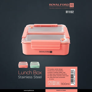 Royalford RF11102 Stainless Steel Lunch Box 1100ml | Leak-Proof Insulated Food Container with Sealing Ring | Locking Clips & Durable Design for Office, School & Travel