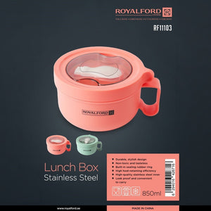 Royalford RF11103 Stainless Steel Lunch Box 850ml | Leak-Proof Sealing Lid| Heat Retaining Insulation| Food Grade Material & Carry Handle for Office, School & Travel Use