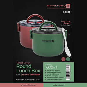 Royalford RF11104 Single Layer Round Lunch Box 1000ml | Stainless Steel Inner| Easy Lock Air-Tight Lid| High Heat Retention| Durable, Leakproof & Stylish Food Container