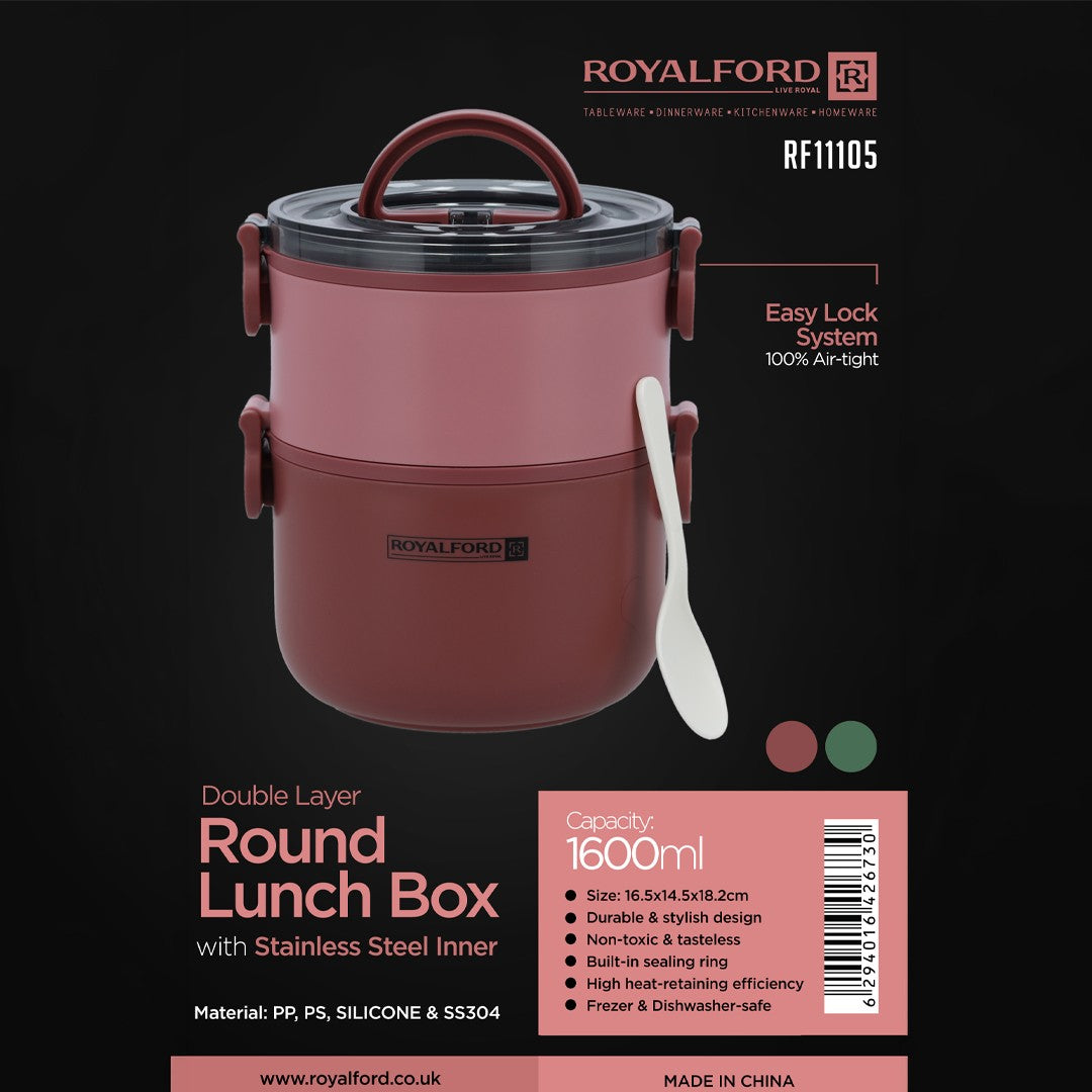Royalford RF11105 Double Layer Lunch Box 1600ml | Stainless Steel Inner| Airtight Leak-Proof Locking Lid| Spoon & Heat Retention for Office, School, Travel & Daily Use