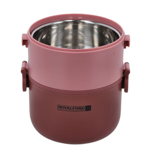 Royalford RF11105 Double Layer Lunch Box 1600ml | Stainless Steel Inner| Airtight Leak-Proof Locking Lid| Spoon & Heat Retention for Office, School, Travel & Daily Use