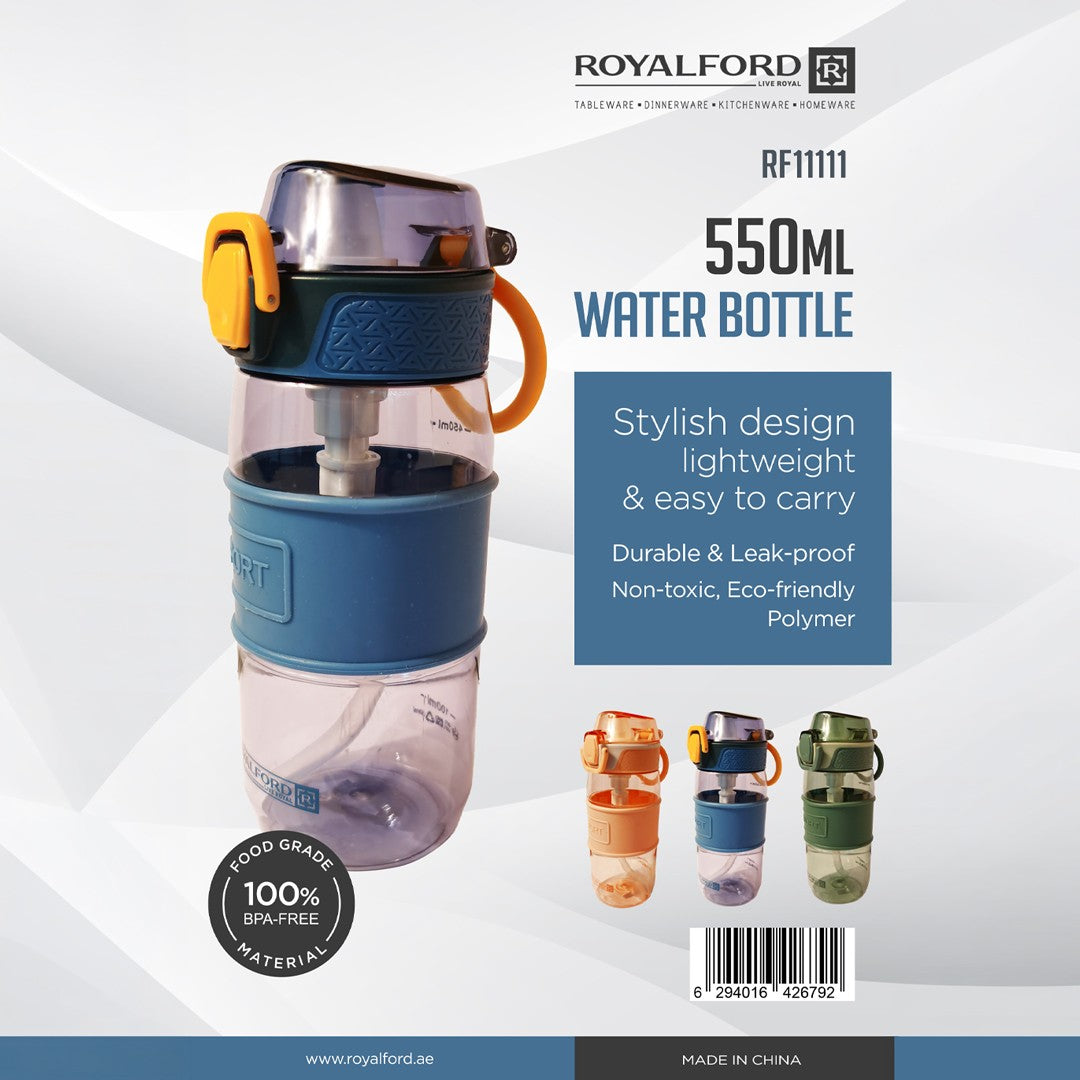 Royalford RF11111 550ML Water Bottle | BPA Free Leak-Proof Sports Drinking Bottle with Handle | Lightweight Eco-Friendly Polymer Design for School, Gym & Travel
