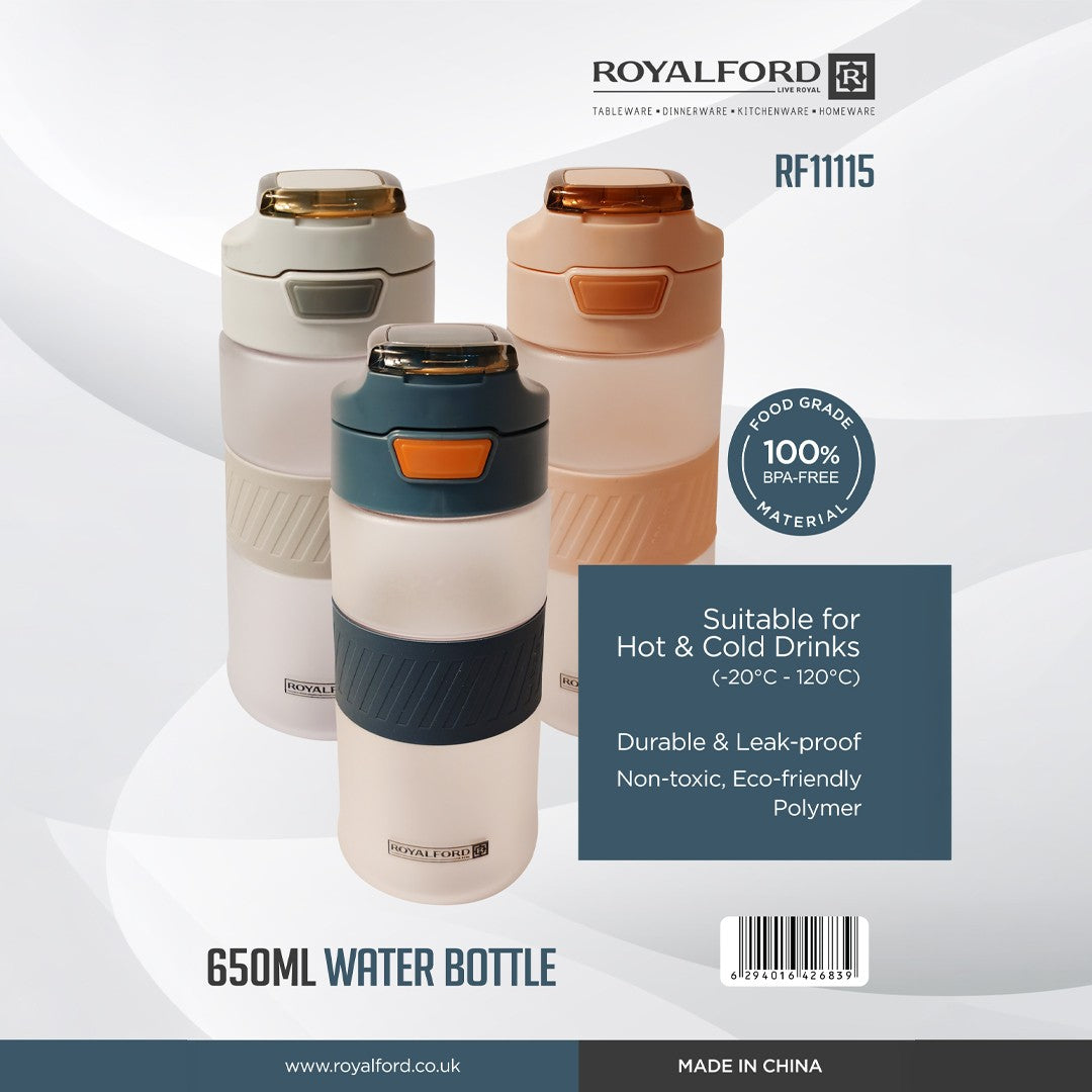 Royalford RF11115 650ML BPA-Free Water Bottle | Leakproof Push Button Lid | Durable Hot & Cold Drink Bottle| Portable Drinking Bottle for Gym, Travel, Office & School