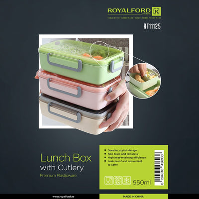 Royalford RF11125 Lunch Box with Cutlery 950ml | Leak-Proof Premium Plastic Food Container | Locking Clips| Heat Retention & Portable Design for Office, School & Travel
