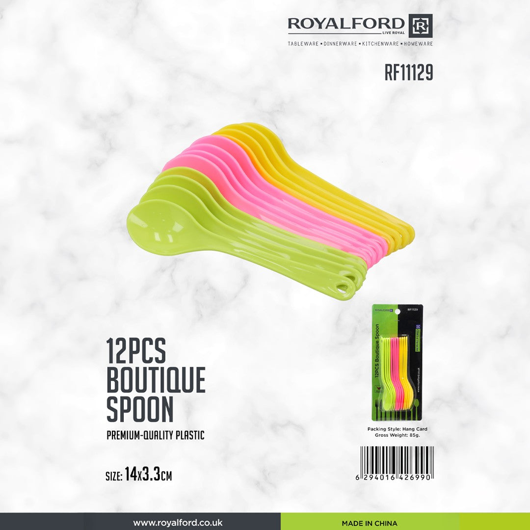 Royalford RF11129 12PCS Boutique Spoon Set| from premium plastic, lightweight colorful spoons with ergonomic design| perfect for desserts, snacks, and daily use|