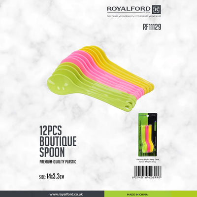 Royalford RF11129 12PCS Boutique Spoon Set| from premium plastic, lightweight colorful spoons with ergonomic design| perfect for desserts, snacks, and daily use|