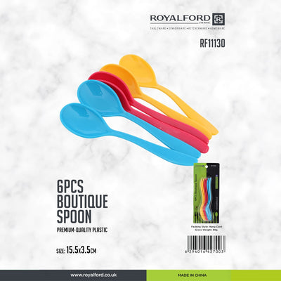 Royalford RF11130 6PCS Boutique Spoon Set | made from premium plastic & lightweight | colorful spoons with ergonomic design, for desserts, snacks and daily use|