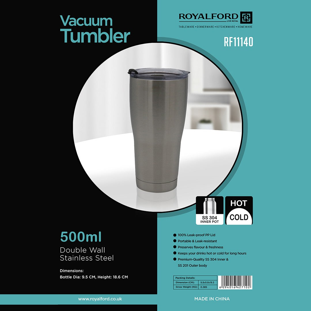RoyalFord RF11140 500ml Vacuum Tumbler | Double Wall Stainless Steel Travel Mug with Leak-Proof Lid | Premium SS304 Inner Pot |Durable SS201 Outer Body | Travel-Friendly