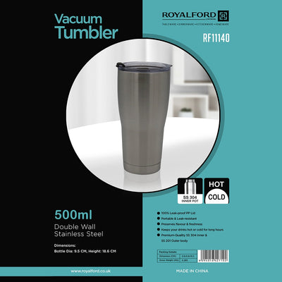 RoyalFord RF11140 500ml Vacuum Tumbler | Double Wall Stainless Steel Travel Mug with Leak-Proof Lid | Premium SS304 Inner Pot |Durable SS201 Outer Body | Travel-Friendly