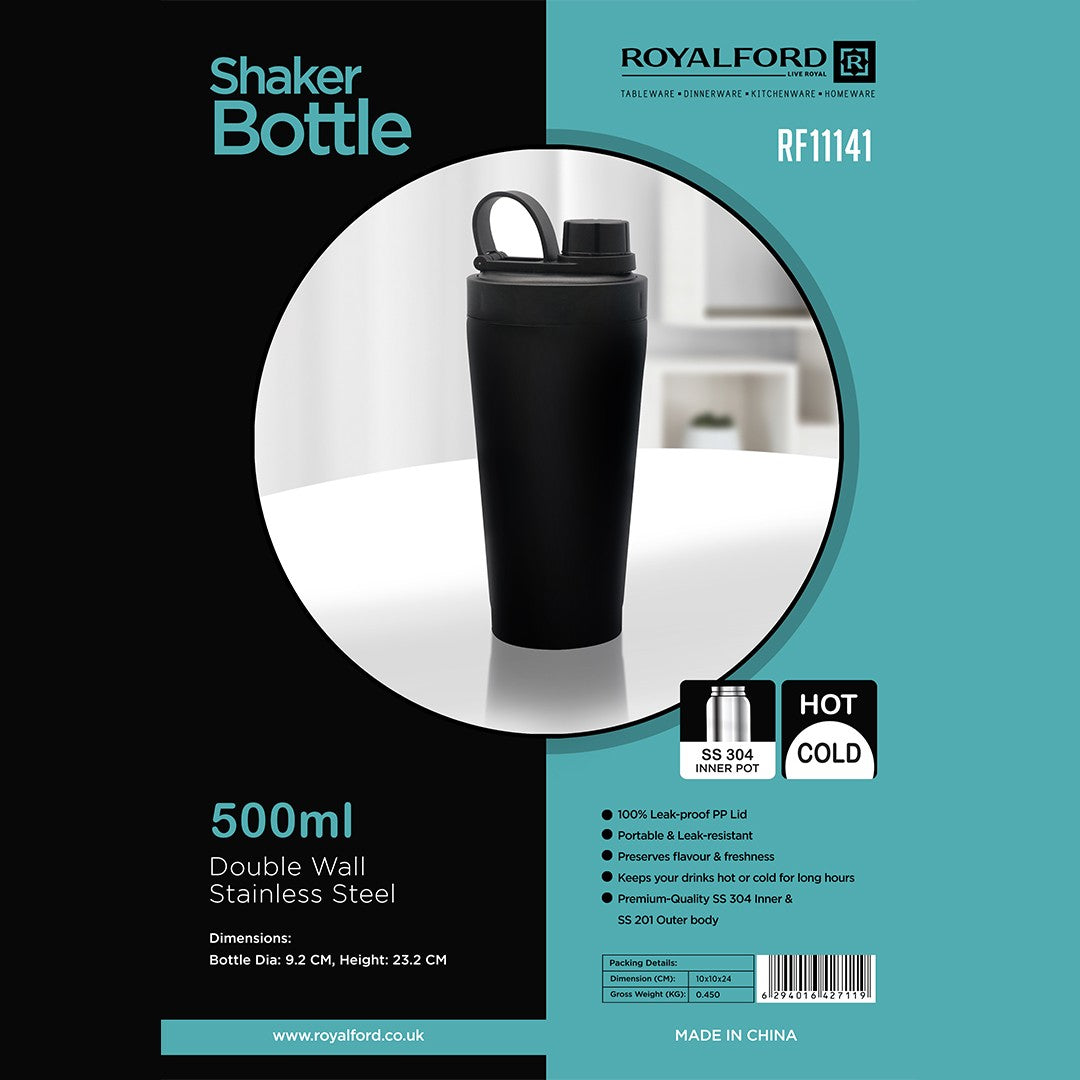 Royalford RF11141 Shaker Bottle 500ml | Double Wall Stainless Steel | SS304 Inner Pot | Leakproof PP Lid| Hot & Cold Insulation |  Durable Design for Gym & Travel