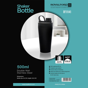 Royalford RF11141 Shaker Bottle 500ml | Double Wall Stainless Steel | SS304 Inner Pot | Leakproof PP Lid| Hot & Cold Insulation |  Durable Design for Gym & Travel