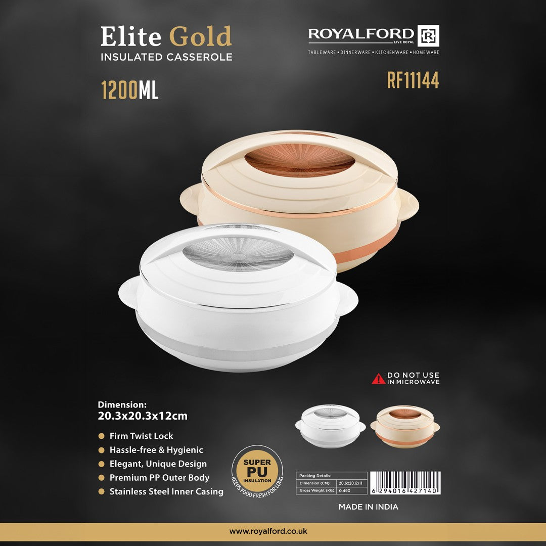 Royalford RF11144 1200ml Elite Gold Insulated Casserole  |Stainless Steel Inner | Super PU Insulation  | Firm Twist Lock Lid | Premium PP Outer Body | Elegant Gold Finish
