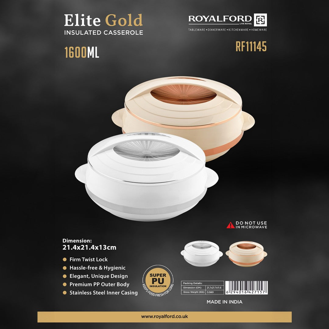 Royalford RF11145 Elite Gold 1600ml Insulated Casserole | Double Wall Hot Pot | Stainless Steel Inner & Twist Lock Lid | Premium PP Outer Body | Firm Twist Lock Lid