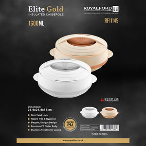 Royalford RF11145 Elite Gold 1600ml Insulated Casserole | Double Wall Hot Pot | Stainless Steel Inner & Twist Lock Lid | Premium PP Outer Body | Firm Twist Lock Lid