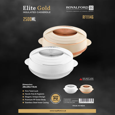 Royalford RF11146 2500ML Elite Gold Insulated Casserole  | Stainless Steel Inner Hot Pot | Super PU Insulation | Premium PP Outer Body | Firm Twist-Lock Lid |Side Handles