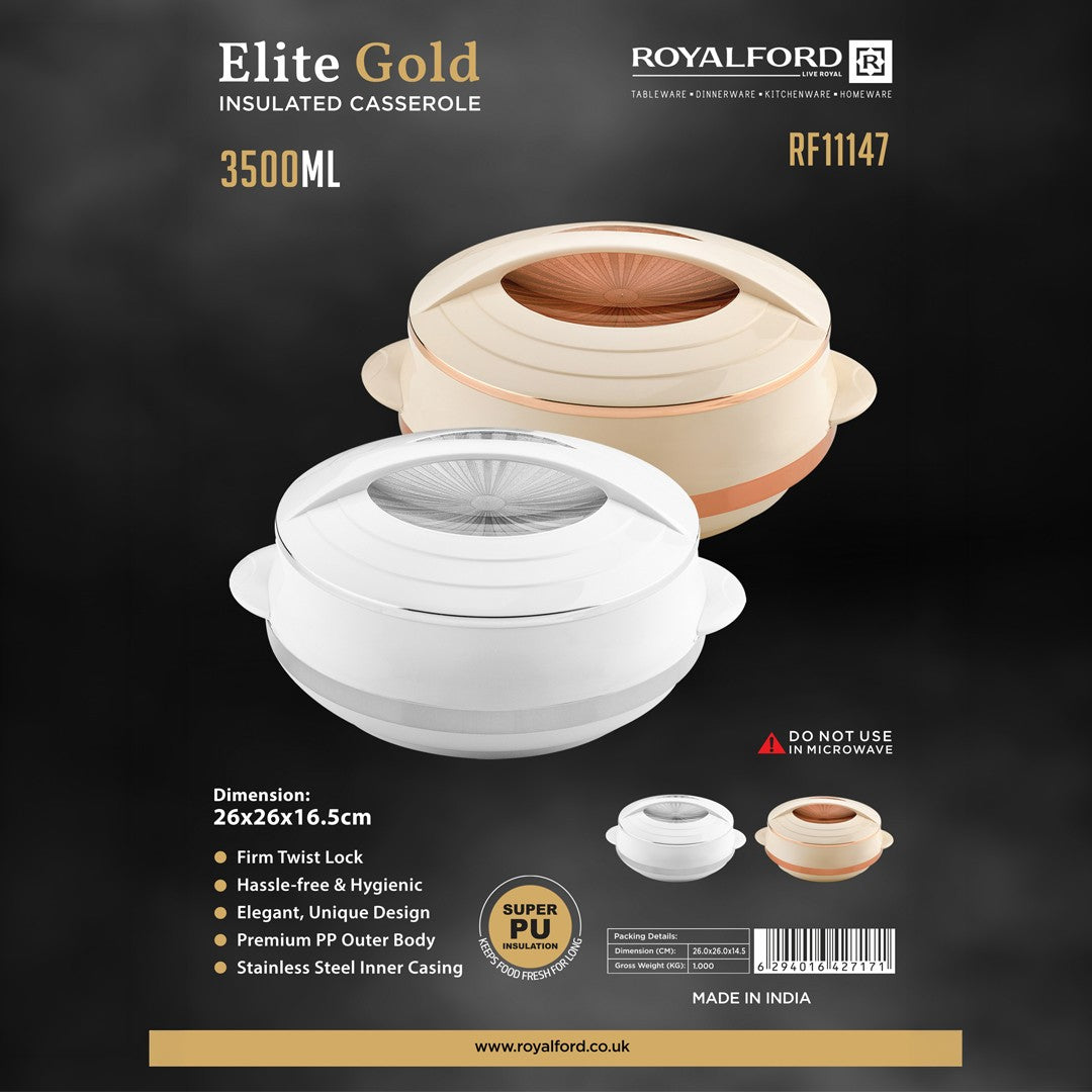 Royalford RF11147 3500ML Elite Gold Insulated Casserole  |Stainless Steel Inner Hot Pot | Super PU Insulation | Premium Stainless Steel Inner Casing | Firm Twist-Lock Lid