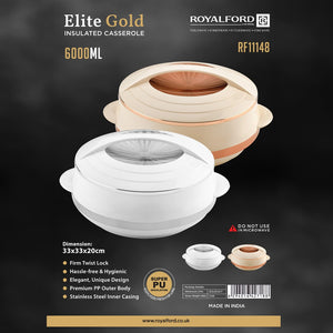 RoyalFord RF11148 Elite Gold Insulated Casserole 6000ML| Double Wall Food Warmer with Stainless Steel Inner | Twist Lock Lid |  Premium PP Body | Large Serving Hot Pot