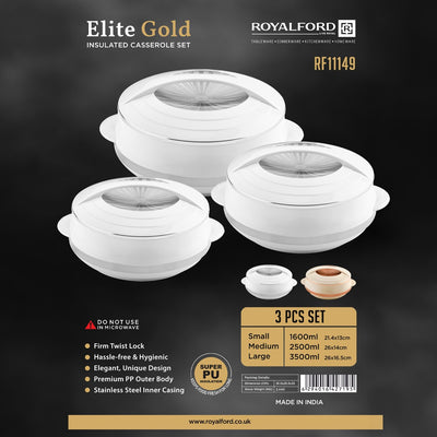 Royalford RF11149 Elite Gold 3-Piece Insulated Casserole Set | Super PU Insulation| Twist Lock| Premium PP Body & Stainless-Steel Inner | Keeps Food Fresh for Hours