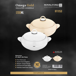 Royalford RF11150 1200ML  Omega Gold Insulated Casserole | Stainless Steel Inner Hot Pot| Super PU Insulation | Durable PP Outer Body | Firm Twist-Lock Lid | Side Handles