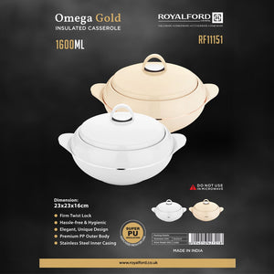 Royalford RF11151 Omega Gold Insulated Casserole 1600ML | Premium PU Insulated Hot  Food Server | Stainless Steel Inner| Firm Twist Lock Lid| Hygienic & Elegant