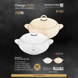 Royalford Omega Gold Insulated Casserole 2500ML RF11152 | Super PU Insulation | Stainless Steel Inner | Premium Hot Food Server | Twist-Lock Lid for Long Heat Retention
