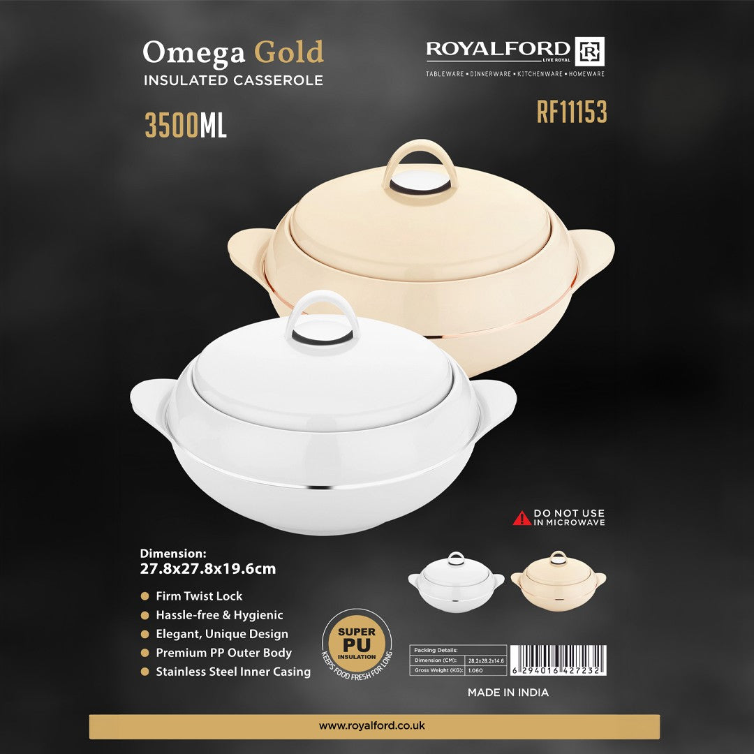 Royalford RF11153 Omega Gold Insulated Casserole 3500ml | Food Warmer | Super PU Insulation | Premium Stainless Steel Inner Casing |  Firm Twist Lock Lid | Durable