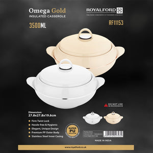 Royalford RF11153 Omega Gold Insulated Casserole 3500ml | Food Warmer | Super PU Insulation | Premium Stainless Steel Inner Casing |  Firm Twist Lock Lid | Durable