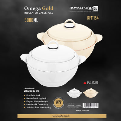 Royalford RF11154 Omega Gold Insulated Casserole 5000 ml | Super PU Insulation | Stainless Steel Inner Casing | Heat-Retention Hot Pot | Twist-Lock Lid for Home & Parties