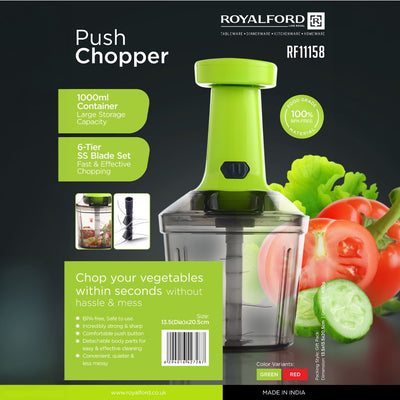 Royalford RF11158 Push Chopper | 6-Tier Stainless Steel Blade System | 1000ml Large Capacity Container | Quick Vegetable & Fruit Chopping | BPA-Free Food Grade Build