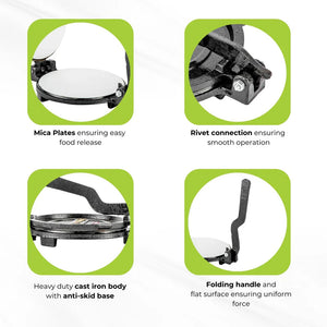 Royalford RF11165 Mica Plate Chapati Press 17.5cm | Heavy Cast Iron Roti Maker | Premium Food Grade Mica Plate | Easy Food Release | Anti Skid Heavy Base Design